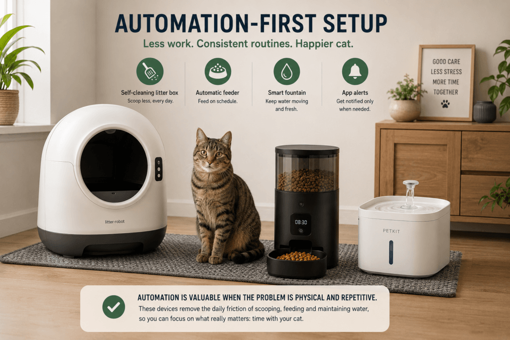 A clean smart cat care setup with an automatic feeder, smart fountain and self-cleaning litter box focused on reducing daily chores