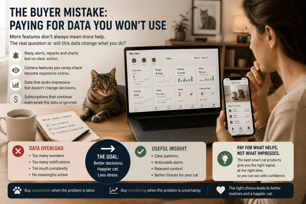 A cat owner comparing smart cat product data on a laptop while deciding whether monitoring features are actually useful