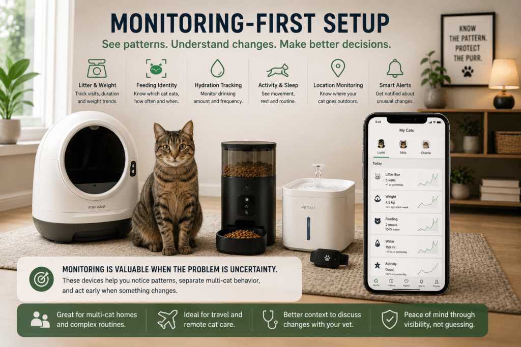 A phone showing cat routine data beside smart cat products for litter, feeding, hydration and activity monitoring
