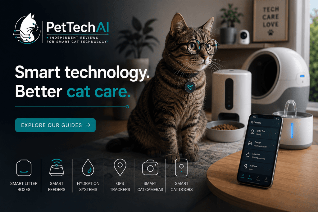 Modern cat surrounded by smart pet technology devices, including an automatic feeder, self-cleaning litter box, water fountain, and camera in a contemporary home.