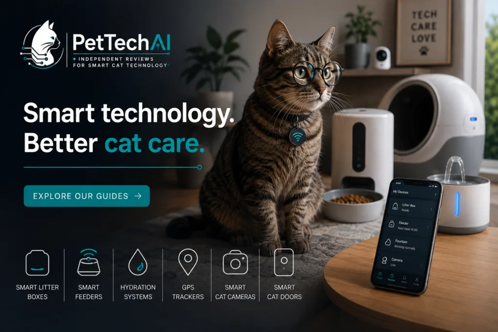 Modern cat surrounded by smart pet technology devices, including an automatic feeder, self-cleaning litter box, water fountain, and camera in a contemporary home.