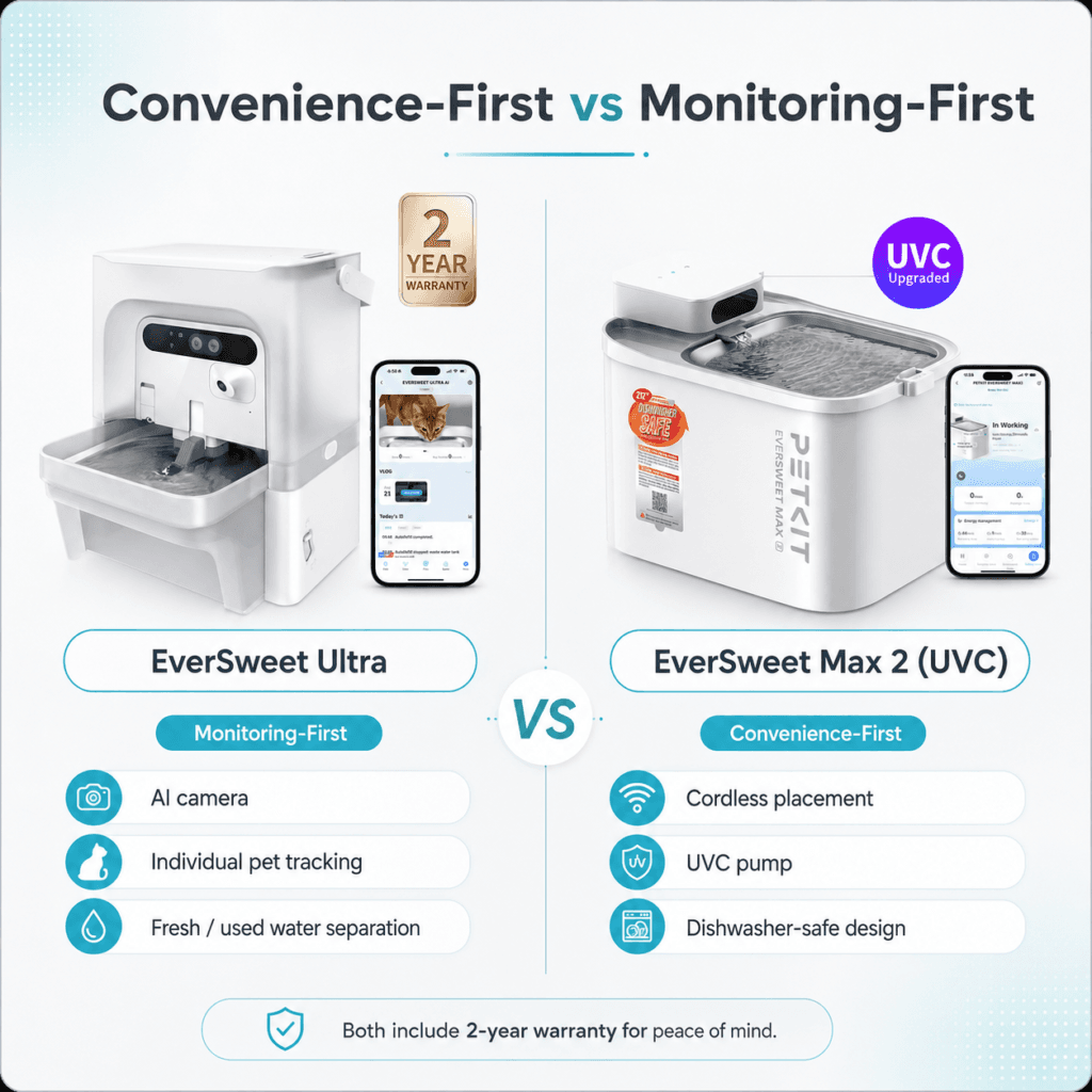 Decision chart comparing PETKIT EverSweet Max 2 cordless convenience with EverSweet Ultra hydration monitoring.