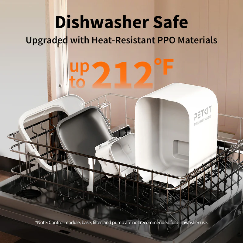 PETKIT EverSweet Max 2 UVC dishwasher-safe fountain components for easier cleaning.