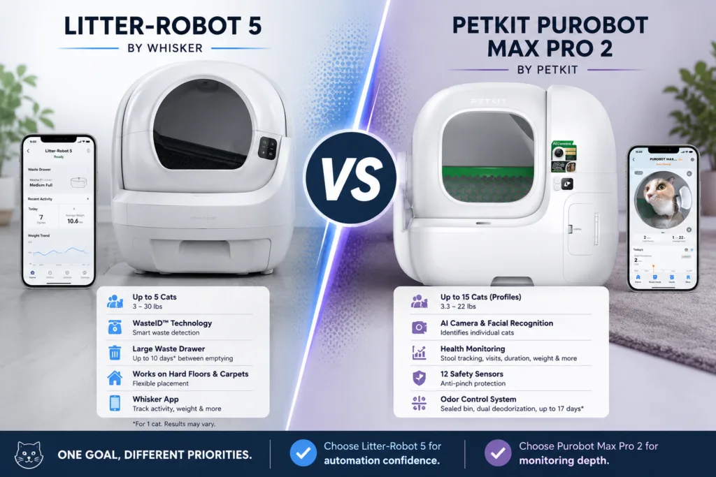 Decision chart comparing Litter-Robot 5 automation features with PETKIT Purobot Max Pro 2 health monitoring features.