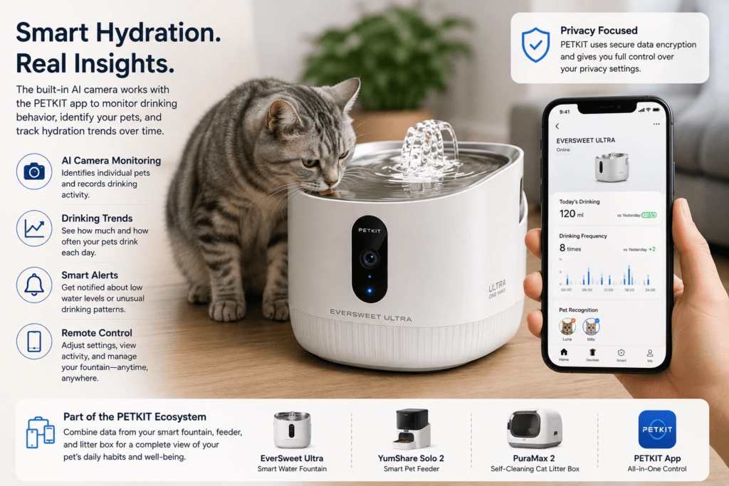 Illustration of app-connected smart pet hydration monitoring with camera features