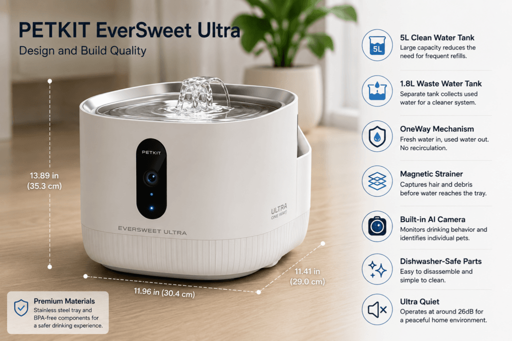 Illustrative smart cat water fountain showing premium design and stainless steel drinking tray
