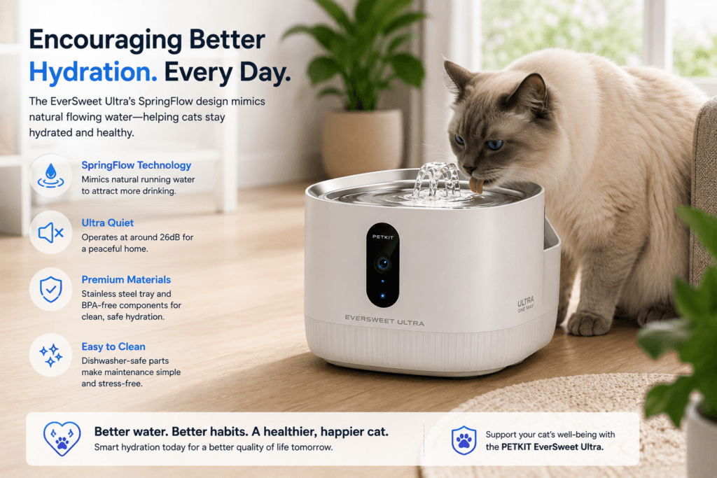 Illustrative cat using a modern smart water fountain in a home environment
