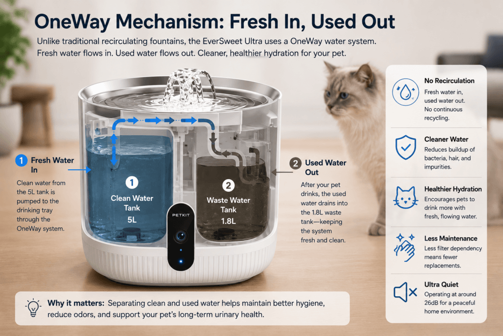 Illustrative diagram of a smart pet fountain with separated clean and waste water flow