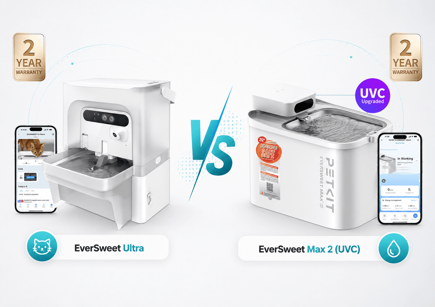 PETKIT EverSweet Ultra and EverSweet Max 2 UVC smart cat water fountains compared side by side.