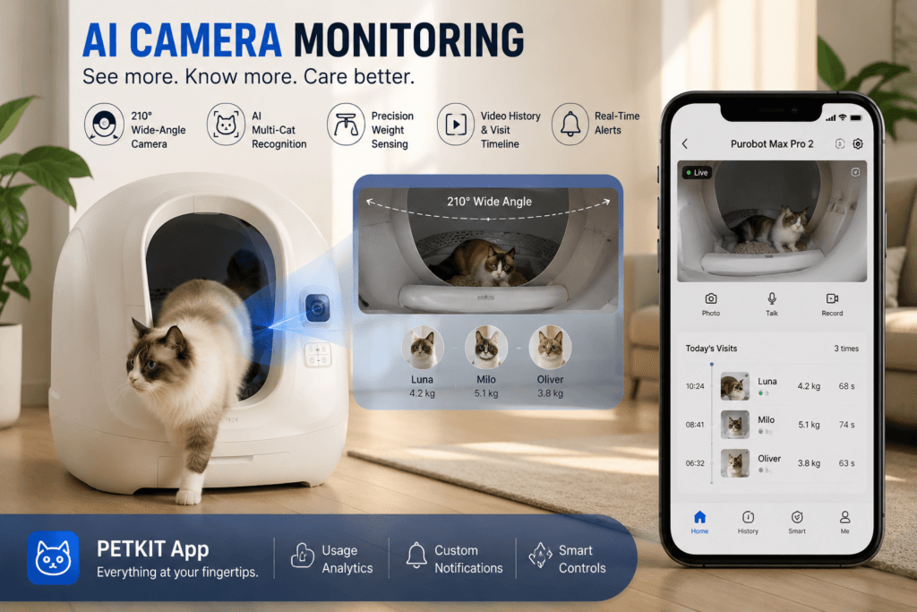 Smart litter box using AI camera monitoring and app-connected pet tracking.