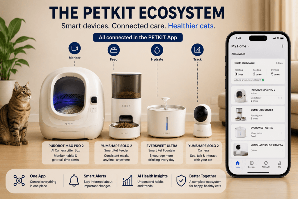 Connected PETKIT ecosystem including litter box, feeder, fountain, and mobile app integration.