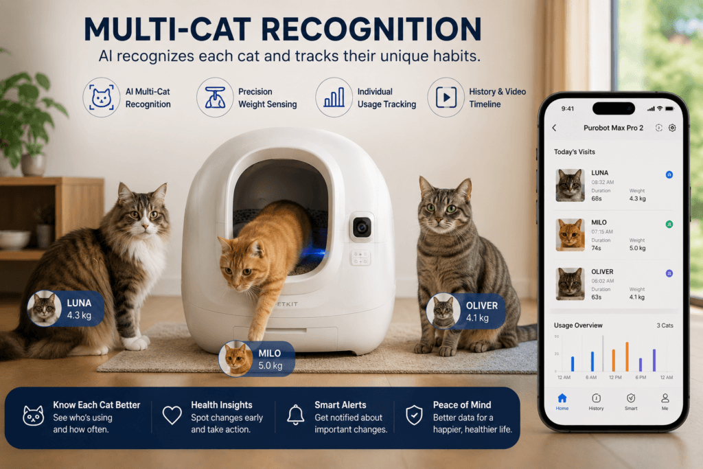 Multiple cats using an AI-powered litter box with recognition and activity tracking features.