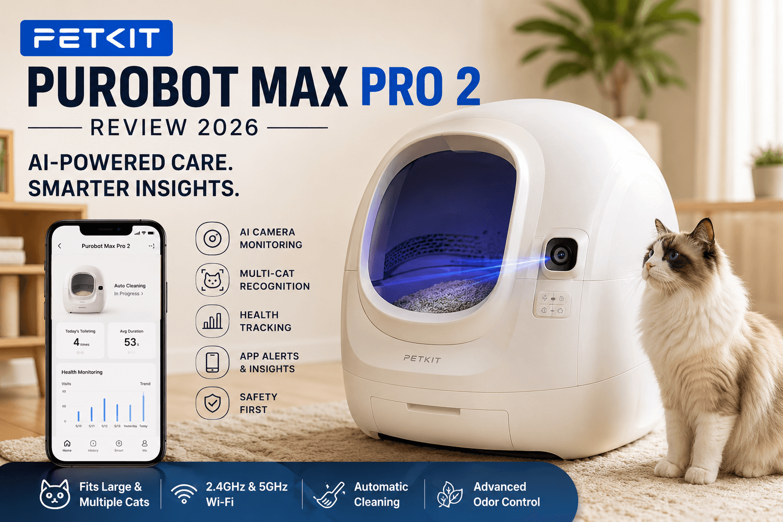 Illustration of an AI-powered self-cleaning litter box with camera monitoring and smart pet technology features.
