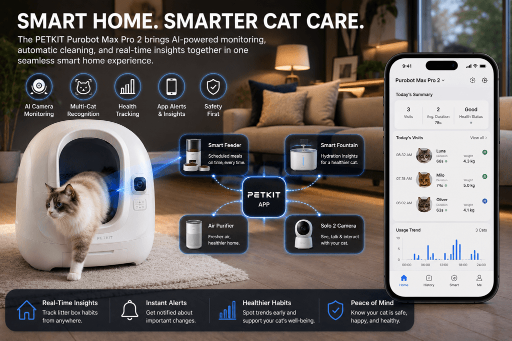 Modern smart home setup featuring automated cat care technology and monitoring tools.