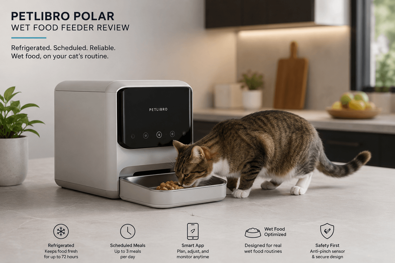 Refrigerated smart wet food feeder for cats in a clean modern kitchen feeding area.