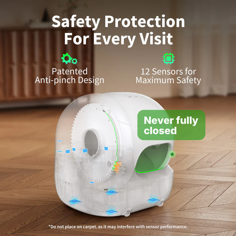 PETKIT Purobot Max Pro 2 safety system featuring 12 sensors and anti-pinch protection.