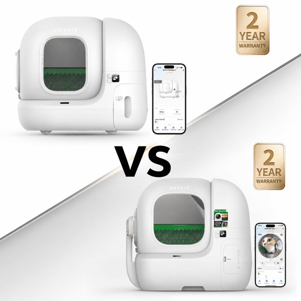 PETKIT Purobot Max Pro 2 vs PuraMax 2 side-by-side comparison showing both self-cleaning litter boxes and their companion app interfaces.