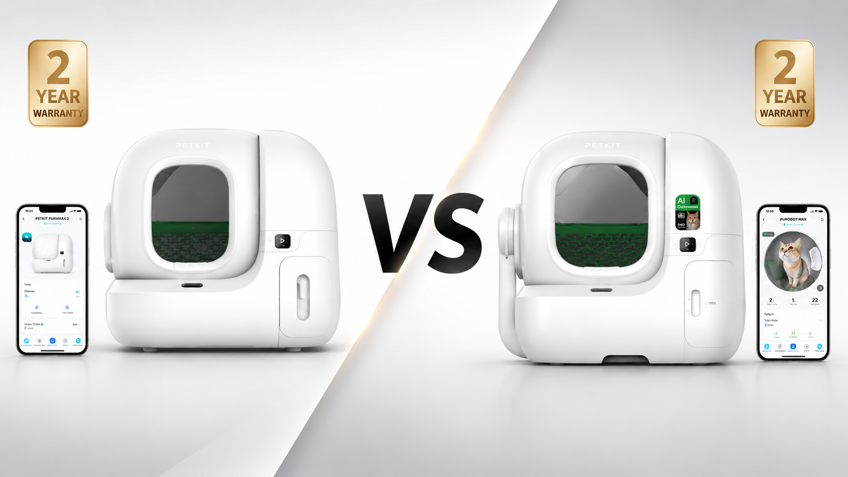PETKIT Purobot Max Pro 2 vs PuraMax 2 side-by-side comparison showing both self-cleaning litter boxes and their companion app interfaces.