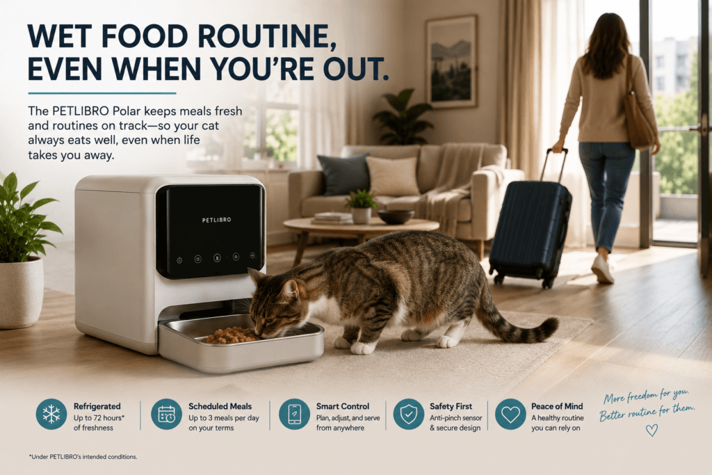Cat wet food feeding routine maintained with a refrigerated automatic feeder while the owner is away.