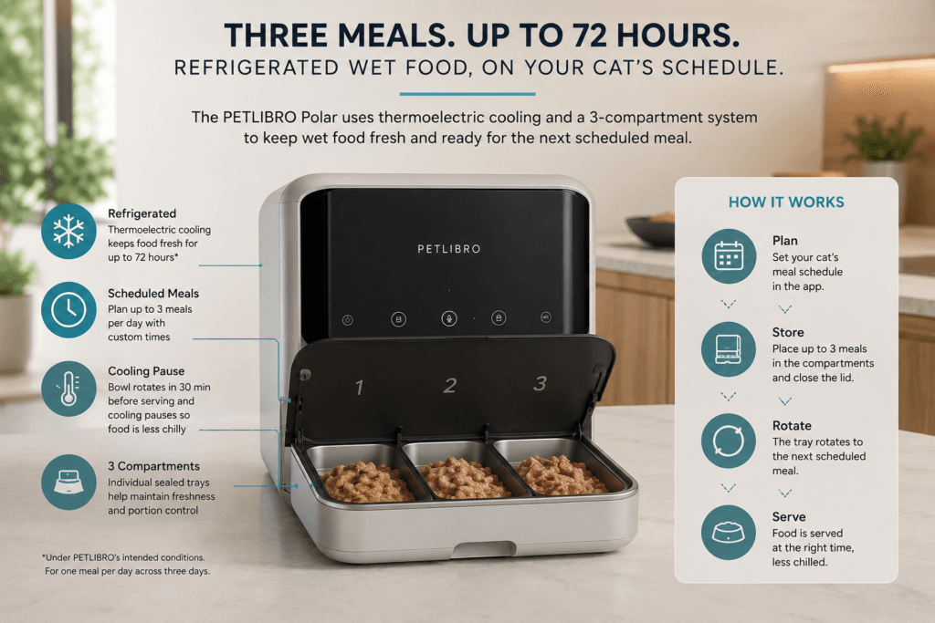 Three-compartment refrigerated wet food feeder system for scheduled cat meals.