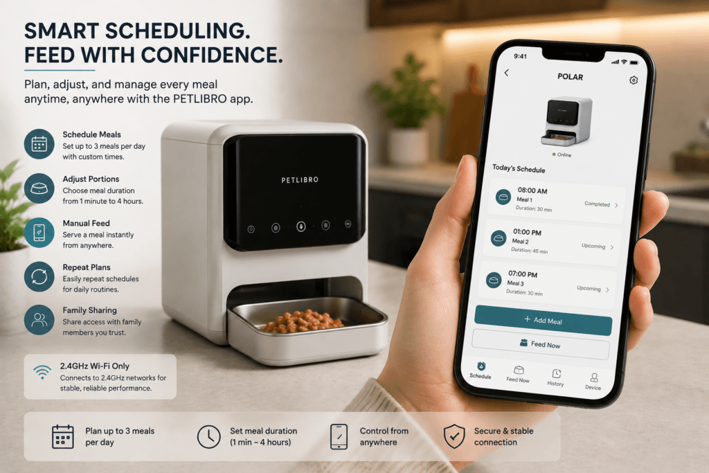 Smartphone app scheduling refrigerated wet food meals for a cat feeder.