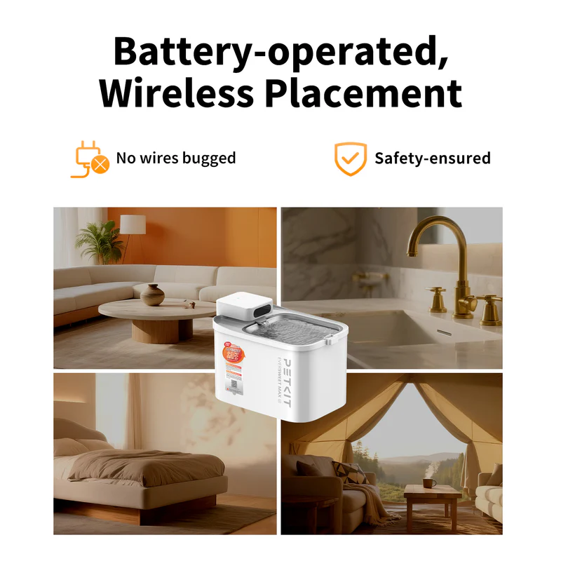 PETKIT EverSweet Max 2 UVC cordless cat fountain placed away from wall outlets.