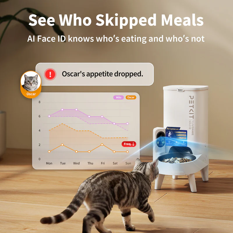 PETKIT YumShare Solo 2 Camera using AI facial recognition to track feeding habits and identify appetite changes in multiple cats.