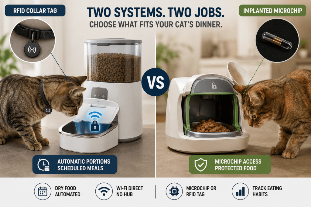Scheduled dry-food dispensing compared with protected wet-food access.