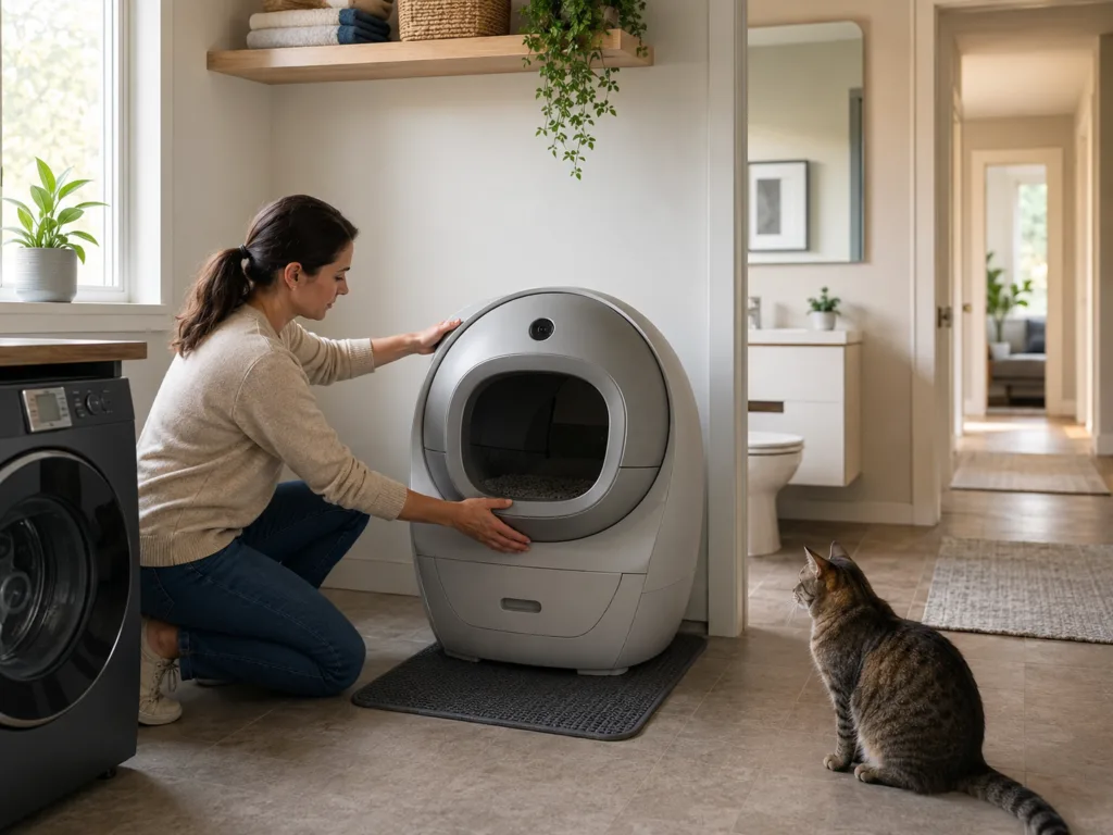 Owner positioning a camera-equipped automatic litter box away from private areas of the home.