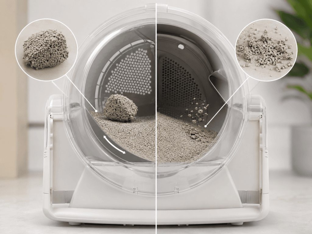 Strong and broken cat litter clumps compared during an automatic cleaning cycle.