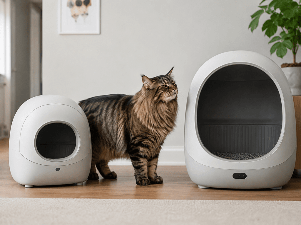 Large cat comparing a narrow automatic litter box entrance with a wider opening.