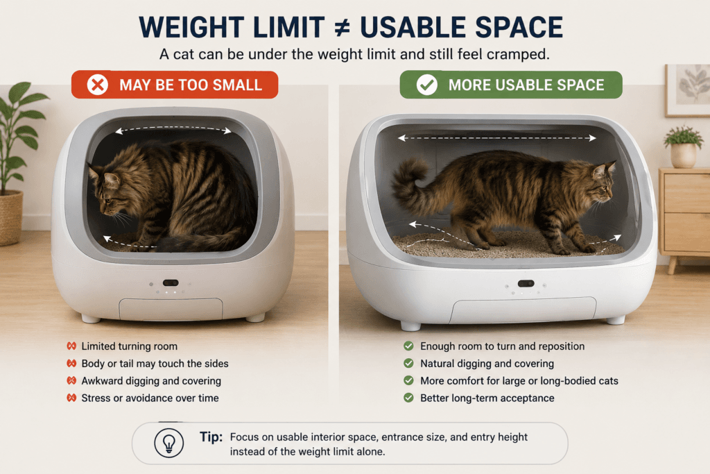 Comparison of a large cat fitting awkwardly and comfortably in automatic litter boxes
