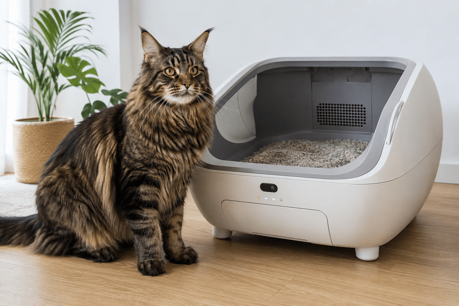 Large long-bodied cat beside a spacious open-top automatic litter box