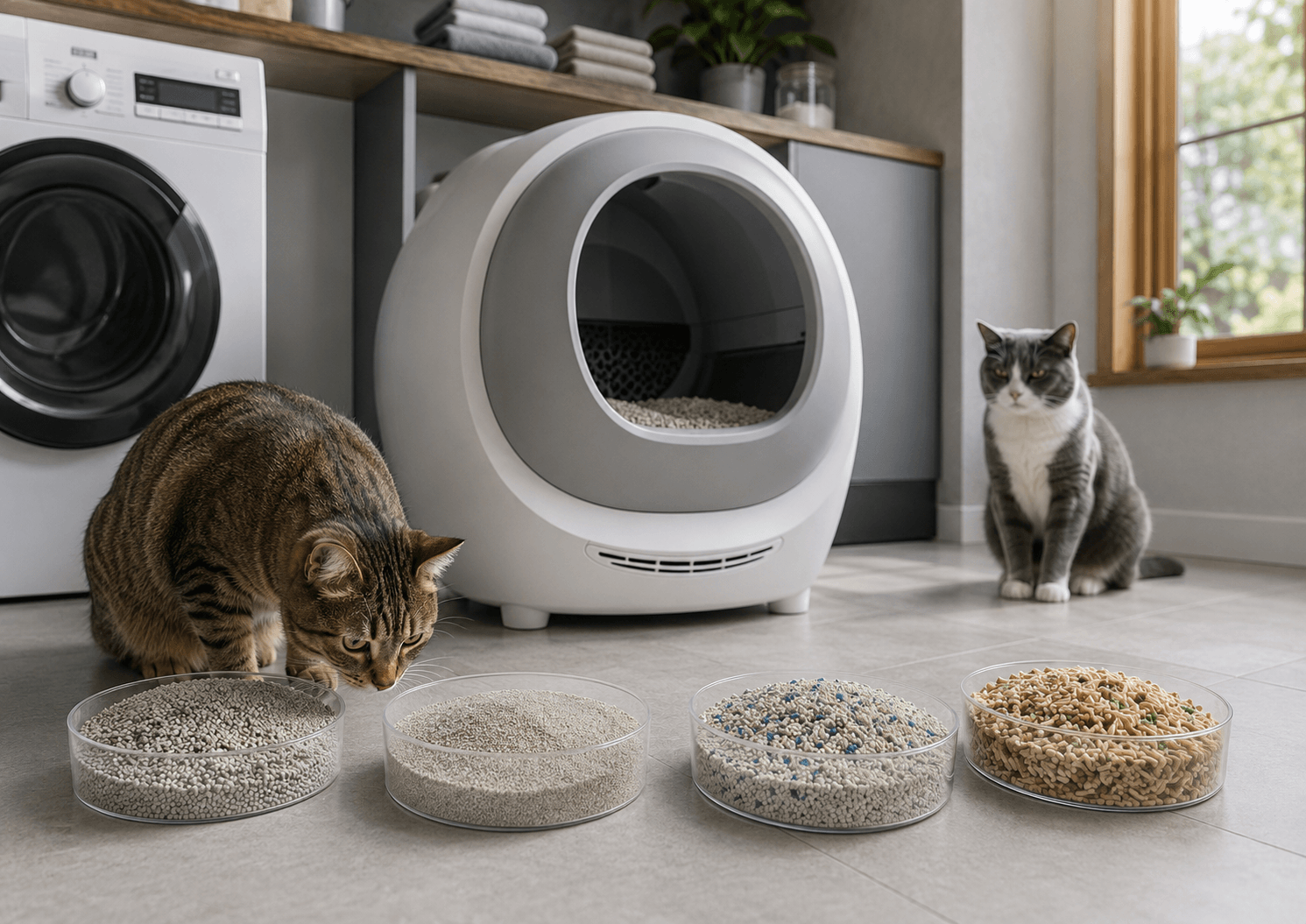 Different cat litter types compared beside a modern automatic litter box.