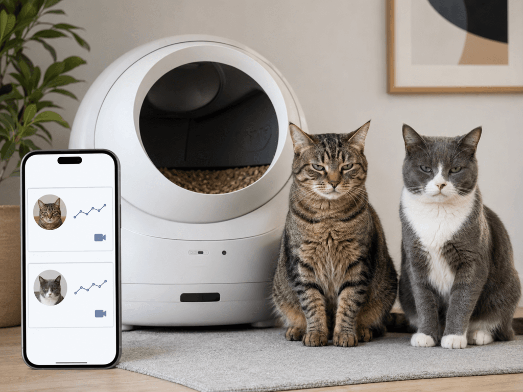 Two similar-weight cats beside an automatic litter box with camera and weight-monitoring options.