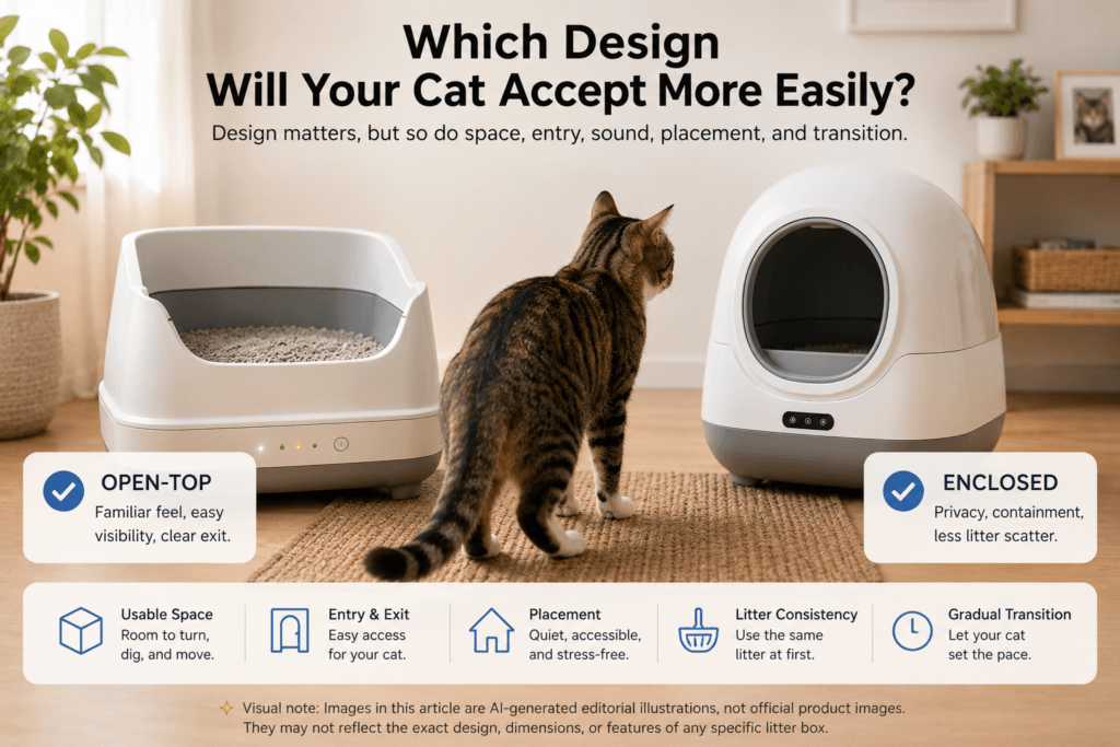 cat approaching open top and enclosed litter boxes