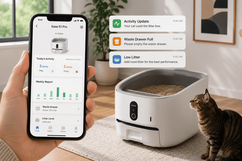 Smartphone showing cat litter box activity notifications beside an open-top litter box