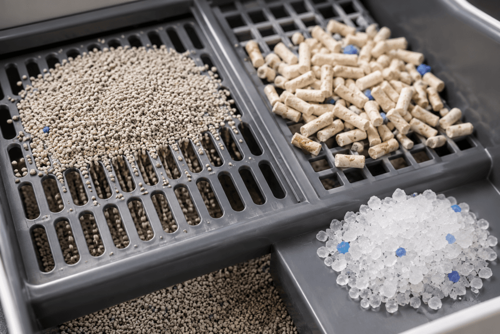Clay granules and tofu pellets compared on an automatic litter box sifter.