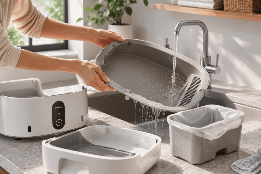 Detachable automatic litter box parts being rinsed for easy cleaning
