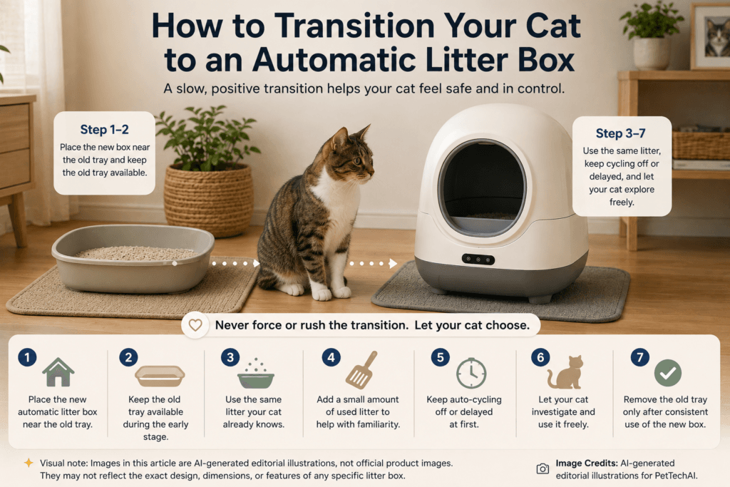 Traditional litter tray placed next to an automatic litter box during a gradual transition