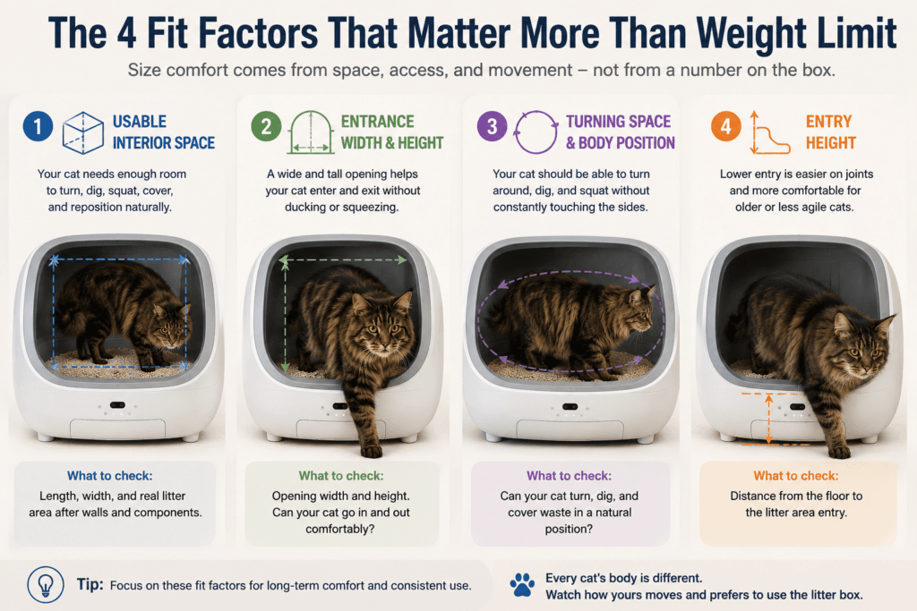 Four fit factors for an automatic litter box for large cats