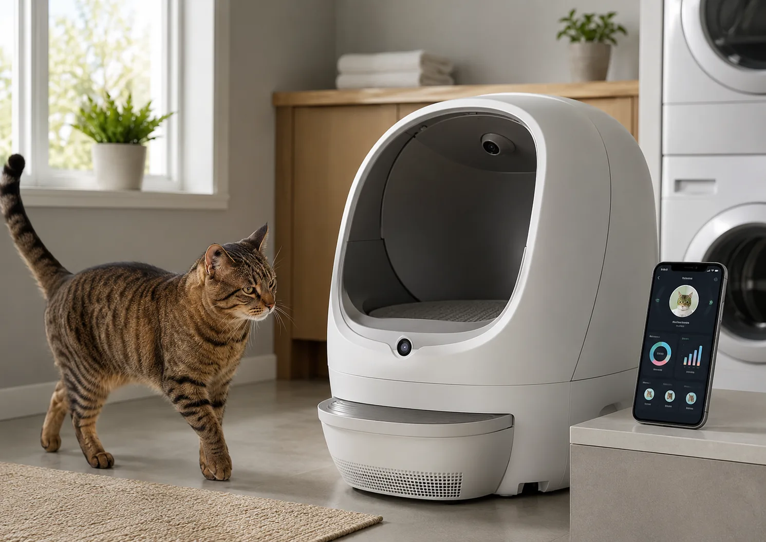 Cat approaching a modern automatic litter box with two integrated monitoring cameras in a contemporary home.