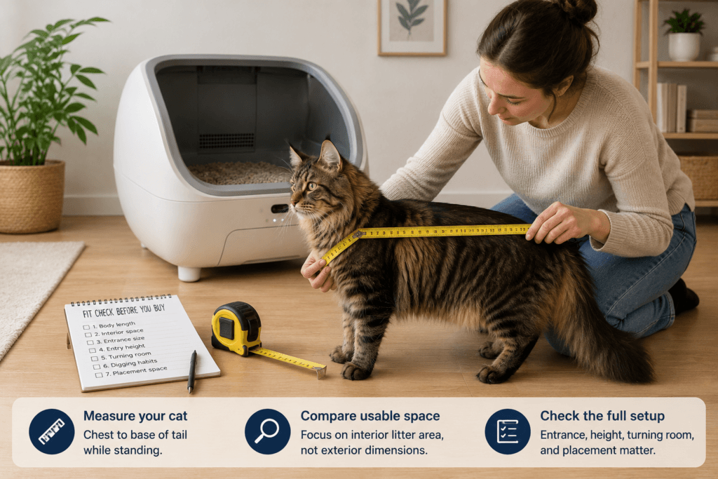Owner measuring a large cat near an automatic litter box before purchase
