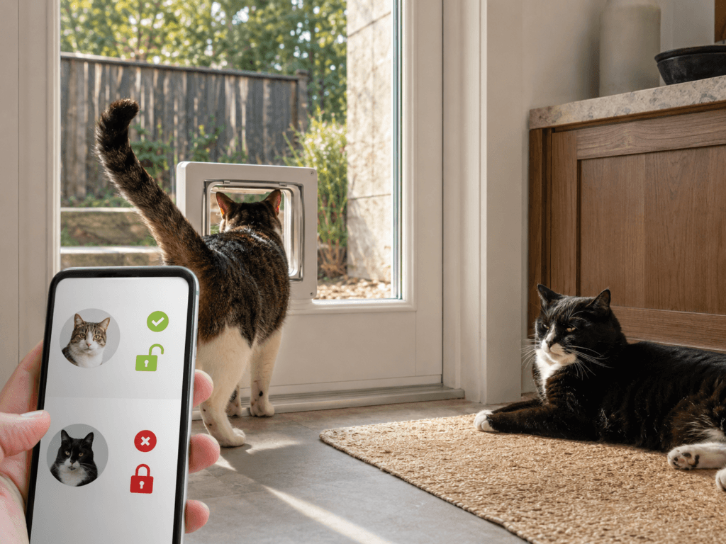 Two cats receiving different outdoor access permissions through a microchip cat door app.