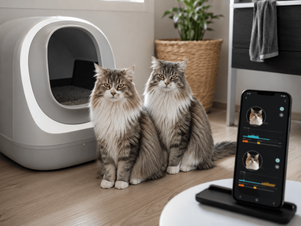 Two similar-looking cats beside an automatic litter box while a phone displays separate activity profiles.