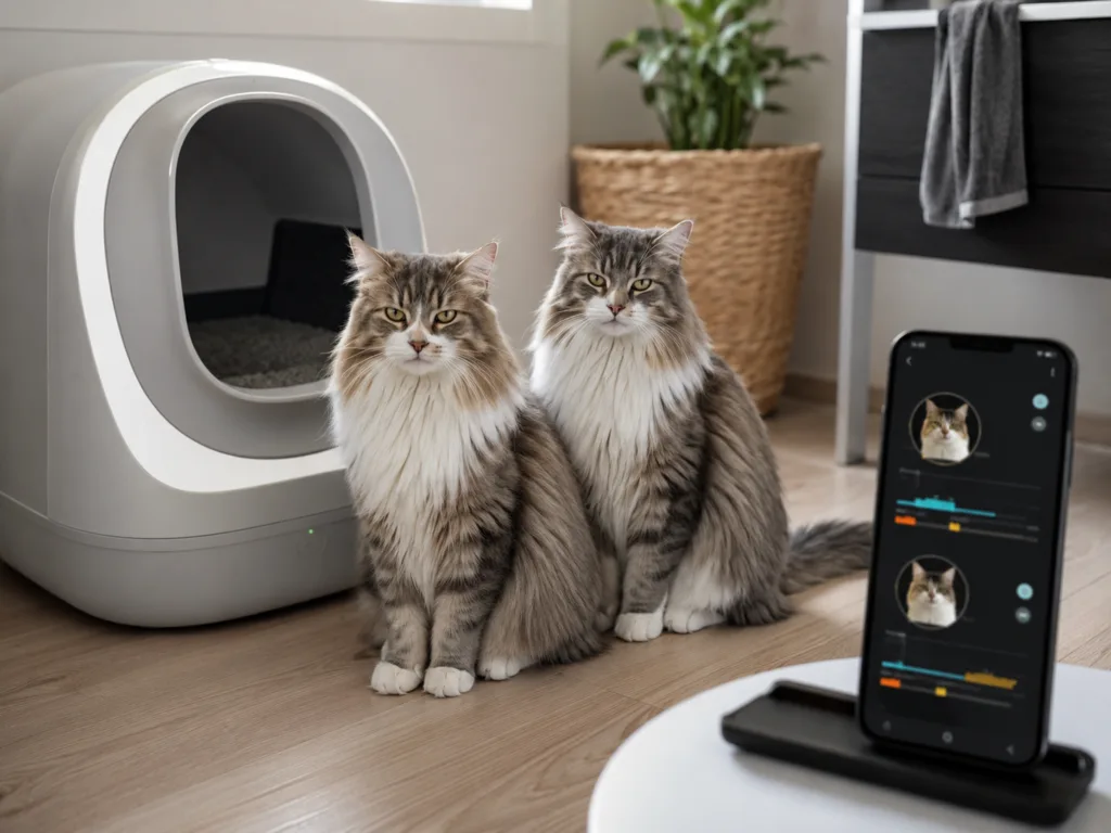 Two similar-looking cats beside an automatic litter box while a phone displays separate activity profiles.
