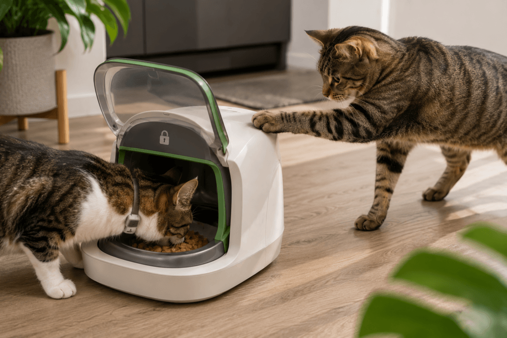Authorized cat eating while another cat tests a selective-access feeder.