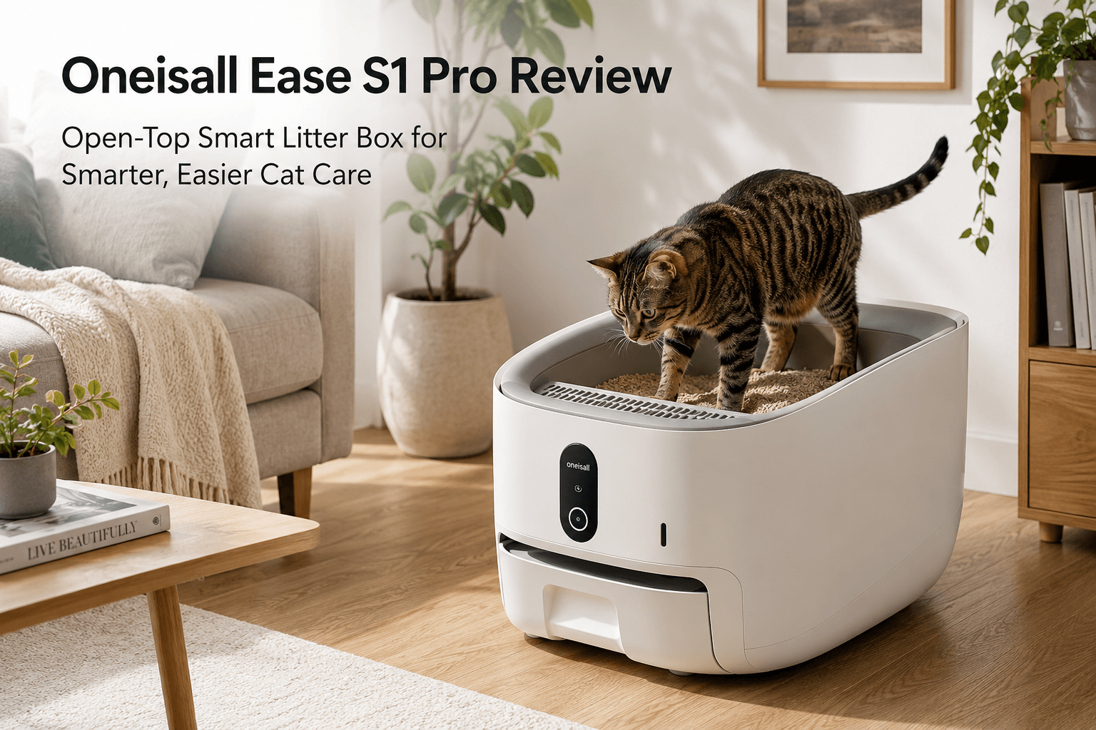 Open-top smart self-cleaning litter box in a modern apartment