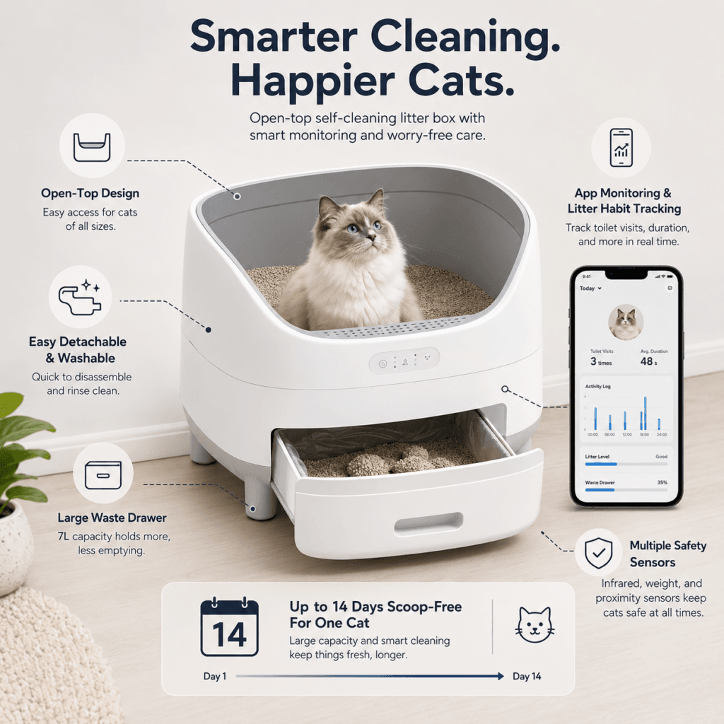 Cat approaching an open-top automatic litter box designed like a familiar tray
