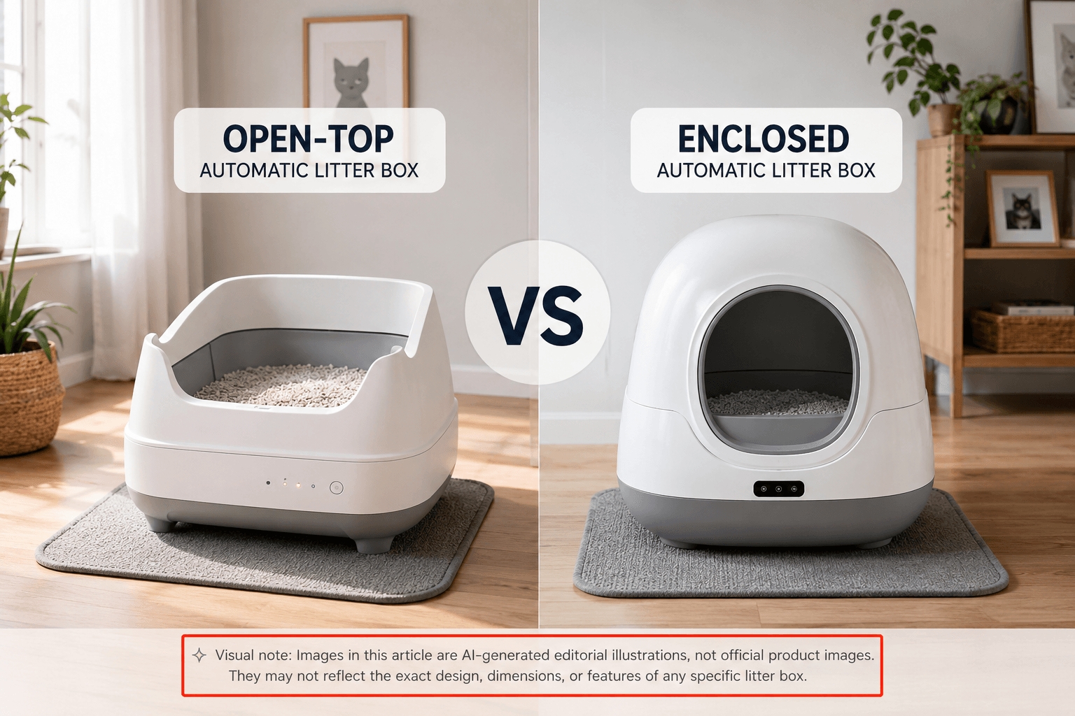 Open-top and enclosed automatic litter boxes compared in a modern home